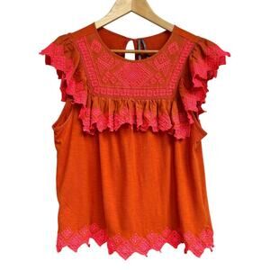 Anthropologie Rica Embroidered Top Size M Sleeveless Ruffled Cotton Easy Comfy